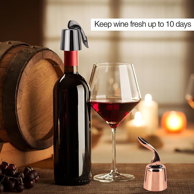 3Pcs Stainless Steel Wine Stoppers, Reusable Wine Bottle Stopper with Silicone Seal, Wine Saver and Decorative Bottle Sealer, Beverage and Wine to Keep Fresh (Silver+Black+Rose Gold）