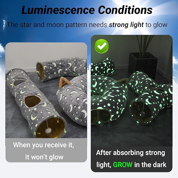 LUCKITTY Cat Tunnel Tube with Plush Ball Toys Collapsible Self-Luminous Photoluminescence, for Small Pets Bunny Rabbits, Kittens, Ferrets,Puppy and Dogs Grey Moon Star (S-Shape)