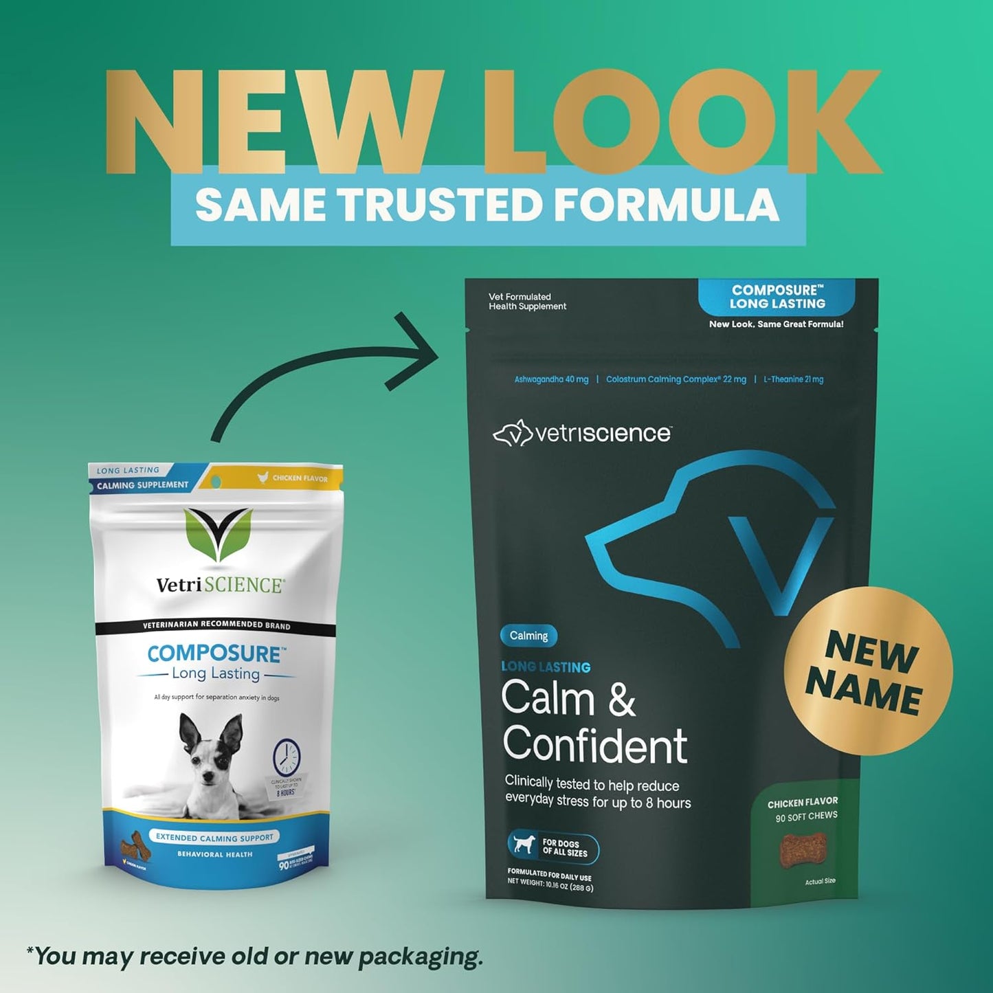 VetriScience Long Lasting Calm & Confident Calming Chews for Dogs, Supplement for Stress Support, Thunderstorms, Fireworks, & Travel, Chicken, Soft Chews, 90 Count - New Look