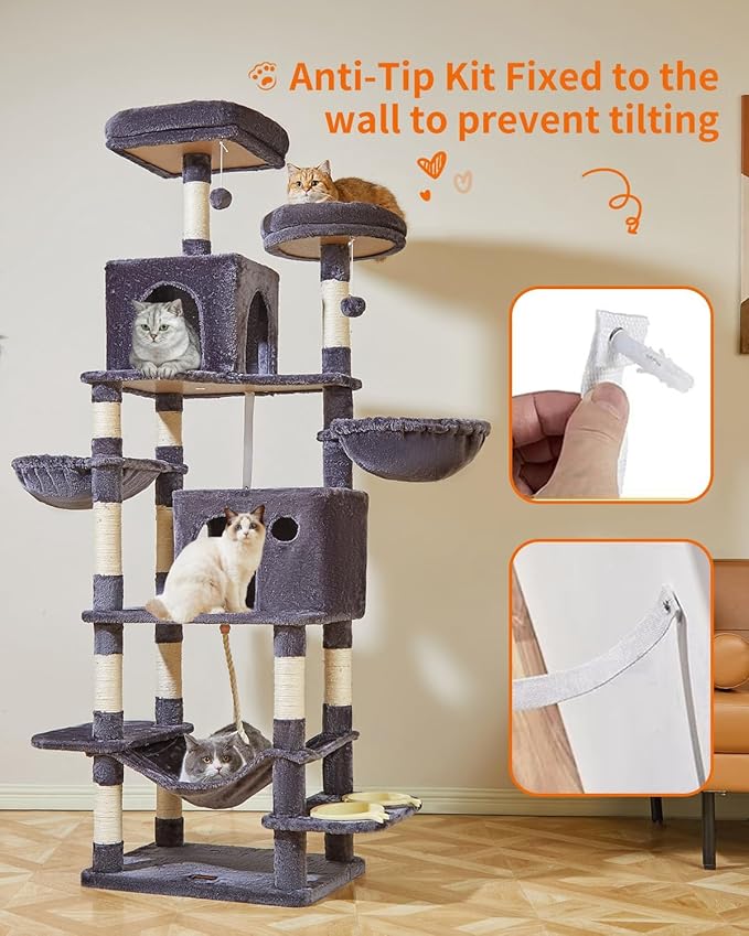 Taoqimiao 76-Inch Cat Tree Cat Tower for Indoor Cats, Plush Multi-Level Cat Condo with 12 Scratching Posts, 2 Perches, 2 Caves, Hammock, 2 Pompoms MS016G Smoky Gray