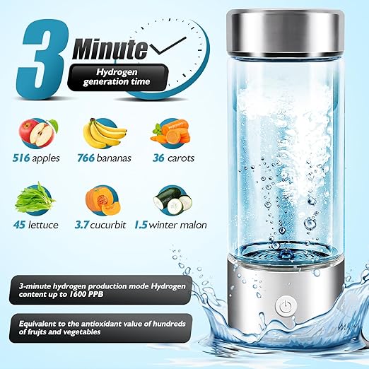 Hydrogen Water Bottle, Hydrogen Water Bottle Generator 3rd gen, Quick Electrolysis of 2000PPB Alkaline Hydrogen Water, Gift Packaging, silver, QSB001