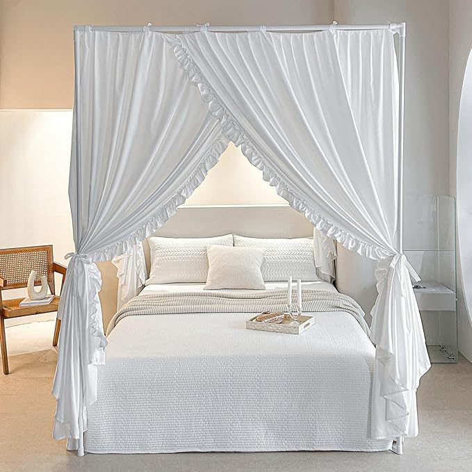 AIKASY Princess Canopy Bed Curtains with Top Ties - Windproof & Lightproof for Girls' Adult Bedroom Decor | Bed Canopy Drapes (Full,White)