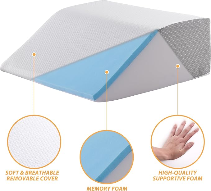 Leg Elevation Pillows, Leg Pillows for Sleeping, Cooling Gel Memory Foam Top, Wedge Pillow for Legs, Leg Wedges for Circulation, Swelling, After Surgery - Removable Cover (8 Inch, White/Grey)