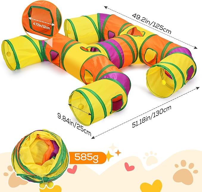 Petizer H-4-Way Collapsible Cat Tunnels for Kittens Indoor Entertainment, Washable Cute Cat Tube Toys with Interactive Playing Balls,Tear-Resistant Pet Tube, Cat, Kitten, Kitty, Puppy, Rabbit