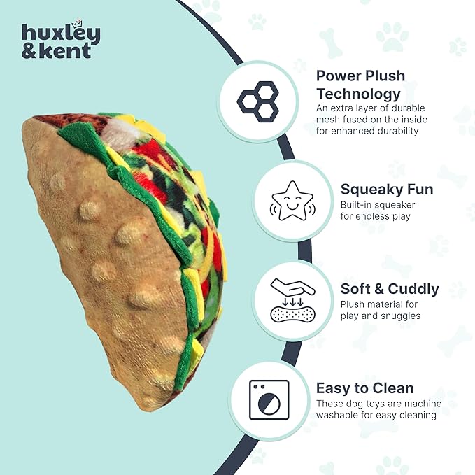 Huxley & Kent Funny Dog Toy w/Squeaker – Power Plush Squeaky Dog Toys for Small, Medium & Large Dogs – Soft Stuffed Animal for Indoor Play & Fetch - Taco Tuesday, Large