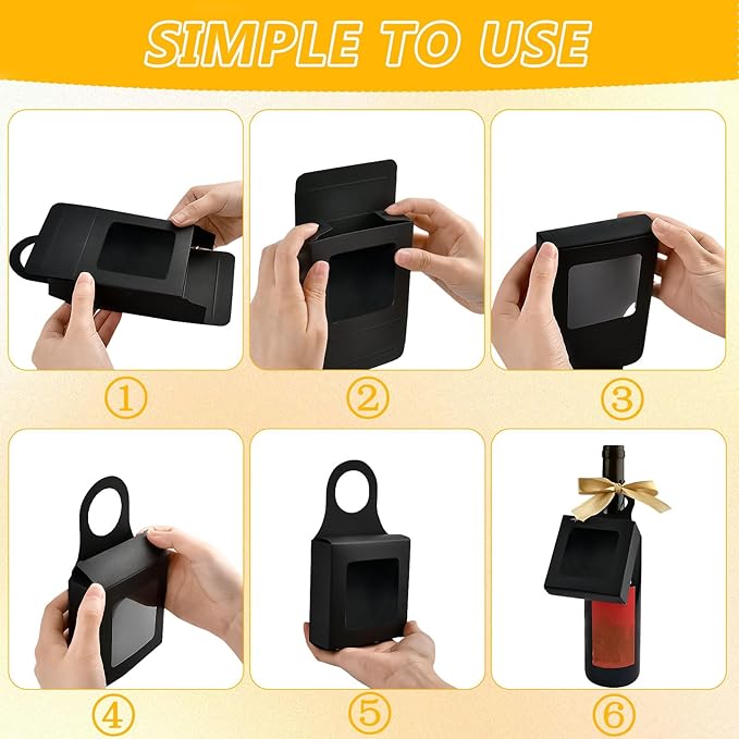 50 Pcs Wine Bottle Box with Window,Hanging Foldable Wine Boxes for Gifts, Kraft Paper Empty Bottle Hanger Box with Thank You Stickers and Champagne Ribbon for Candy Chocolate Cookies(Black)