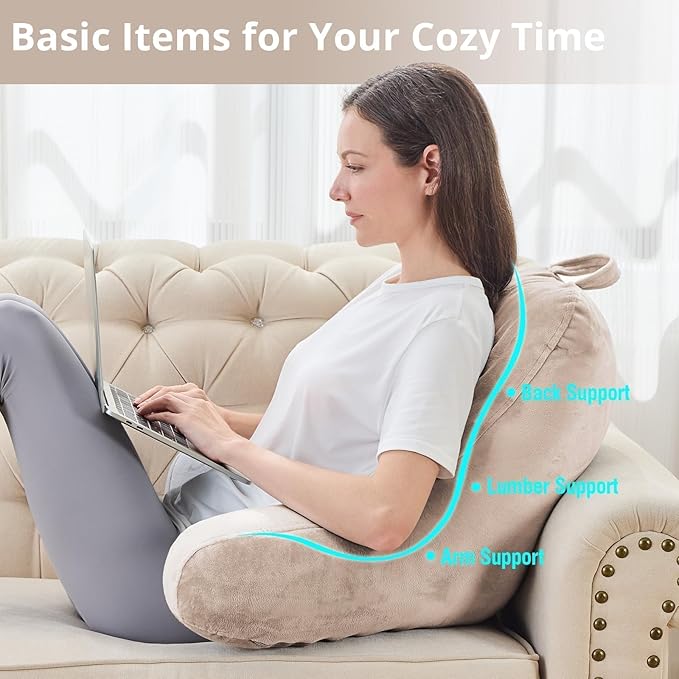 Sasttie Reading Pillow for Sitting in Bed Adult, Velvet Back Pillow for Bed Sitting Up, Backrest Back Support Chair Pillow, College Dorm Essentials for Girls and Boys, Beige