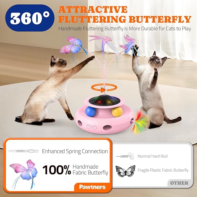 Interactive Cat Toy: 3 in 1 Automatic Cat Toy for Indoor Cats, Electric Kitten Toy with Rechargeable Battery, Self Play Kitty Toys with Rotating Fluttering Butterfly,Track Ball and Ambush Feather,Pink