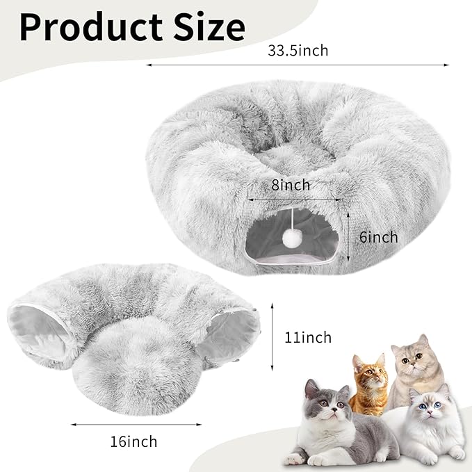 Cat Tunnels for Indoor Cats, Cat Tunnel Bed with Washable Cushion, Collapsible Cat Donut Tunnel for Medium & Large Cat, Peekaboo Cave Toy, Tie-dye Gray