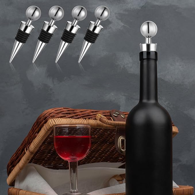 4 Pcs Wine Bottle Corks Wine Bottle Stoppers for Beverage, Reusable Silicone Vacuum Wine Bottle Corks Stopper for Glass Bottles Party Wedding Bar Wine Stopper (Silver)