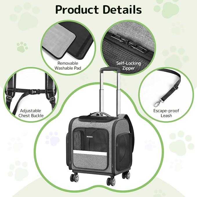 Rolling Cat Carrier with Wheels: Dog Carrier for Small Dogs & Large Cats, Expandable Pet Carrier on Wheels with Cat Play Tunnel, Large Capacity, Breathable Mesh, Side Pocket, Grey