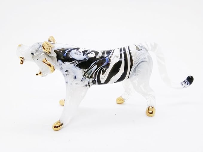 WitnyStore Tiny 5" Black White Gold Standing Tiger Roaring Figurine - Miniature Hand Blown Painted Glass Panthera Wild Cat Small Crystal Wildlife Animals Decorative Collectible Figurines Décor Gifts