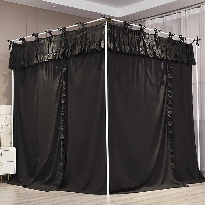 Ruffle Lace up 4 Corners Post Princess Curtain Bed Canopy Cozy Breathable Mosquito Net Cloth for Girls Adults Bedroom Decoration (Black, 78" W*86" L*82" H/King)