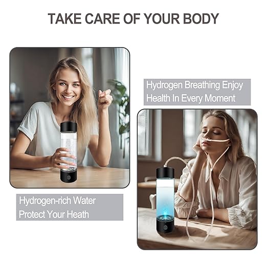 Hydrogen Water Bottle, 2024 Portable Hydrogen Water Bottle Generator with Inhaler Adapter, Rechargeable Hydrogen Rich Water hydrogenator Glass Health Cup for Home Office, 420ML(Black)