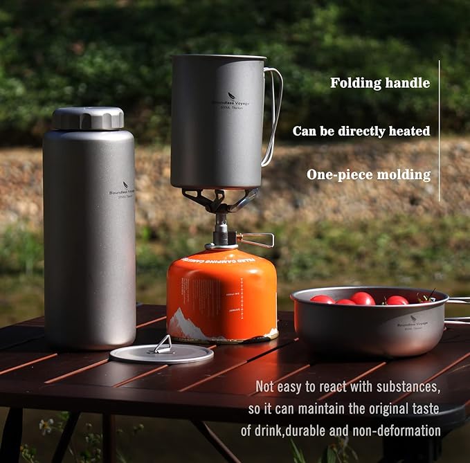 iBasingo 1050ml Titanium Bottle 600ml Nesting Cup Outdoor Camping Single Layer Wide Mouth Cookware Lightweight Portable Bottle Mug Hiking Picnic Solo Cooking Mess Kit