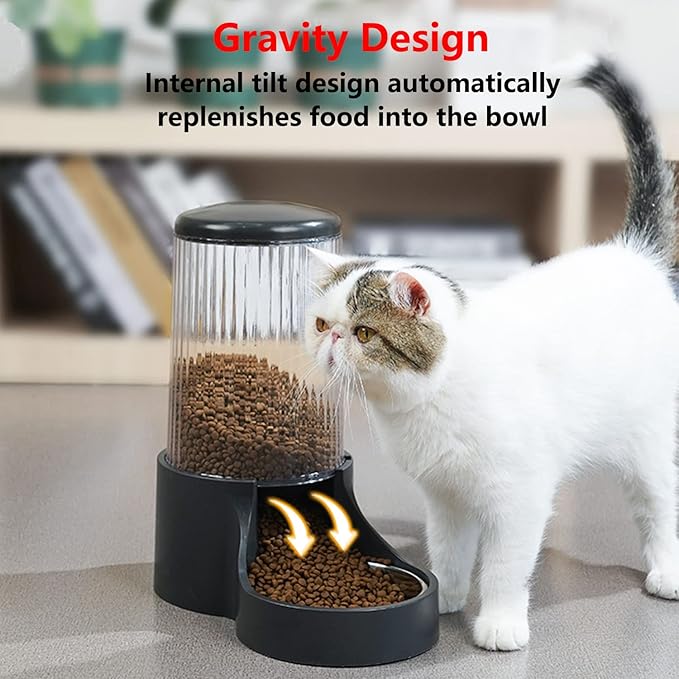 Automatic Cat Feeder, 3.8L Large Gravity Cat Food Dispenser with Detachable Top Lid, Visible Bottle and Stainless Steel Bowl for Pets (Black)