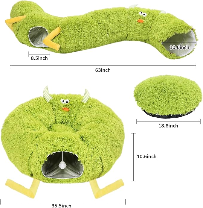 Cat Tunnel Bed for Indoor Cats - Cute Cat Donut Tunnel with Washable Circle Cushion - Multi-Purpose Cat Bed & Peekabo Cave, Pet Playground Toys for Kittens, Puppy, Rabbit (Green)