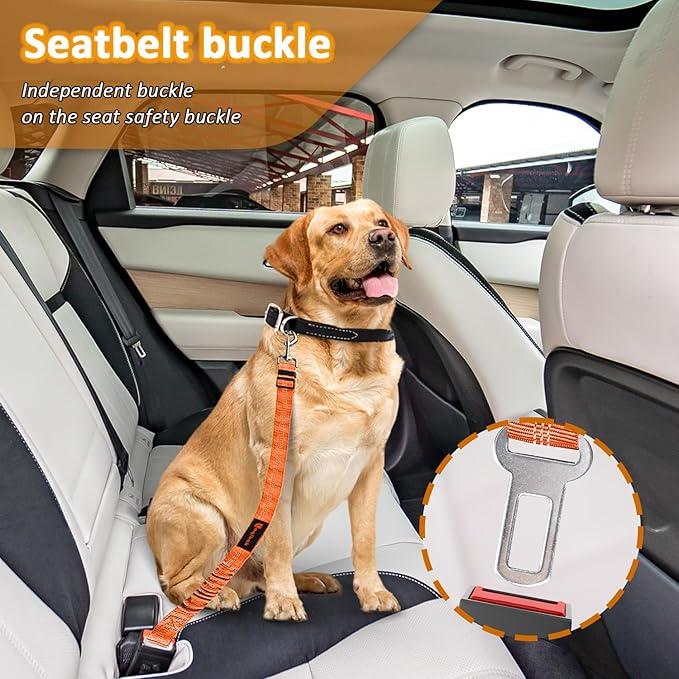 Removable Dog Seat Belt Harness for Car, 3 in 1 Pet Dog Car Seatbelt Leash, Retractable Restraint Secures to Vehicle Headrest & Adjustable Reflective Bungee Dog Seatbelt Tether,Orange