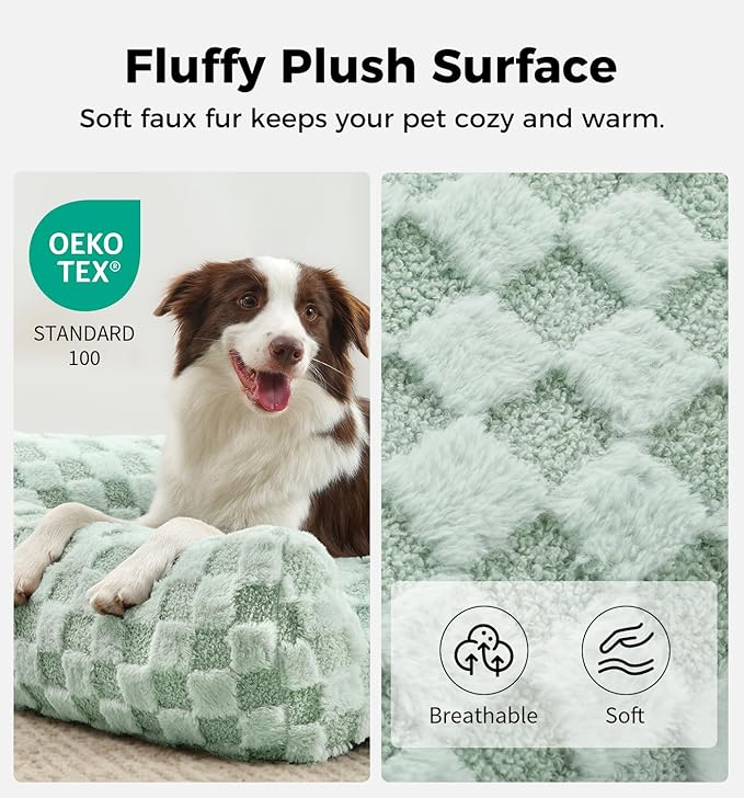 MADE 4 PETS Cat Beds for Indoor Cats, Cat Couch Bed, Soft Faux Fur Checkered Pet Sofa, Calming Fluffy Kitten Sofa with Supportive Foam, Removable Washable Cover with Non-Slip Base, Green, Small