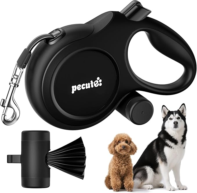 26ft Retractable Dog Leash, Heavy Duty Retractable Pet Leash with Poop Bag Holder, Anti-Slip Soft Grip, Reflective Dog Leashes for Medium Dogs Large Dogs up to 110 lbs(Black)