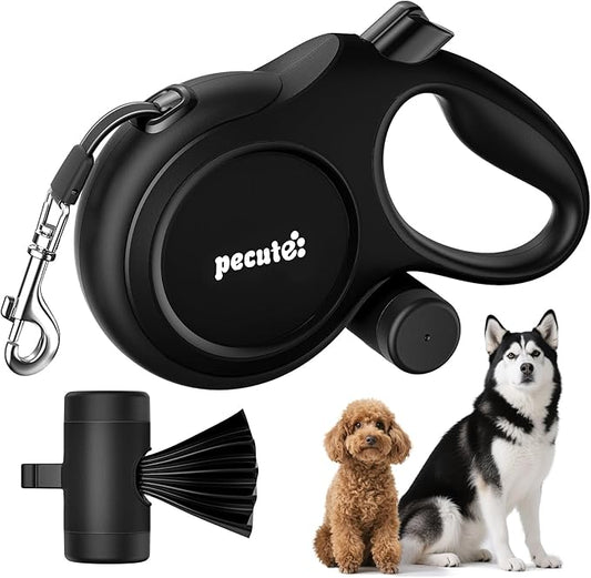 26ft Retractable Dog Leash, Heavy Duty Retractable Pet Leash with Poop Bag Holder, Anti-Slip Soft Grip, Reflective Dog Leashes for Medium Dogs Large Dogs up to 110 lbs(Black)