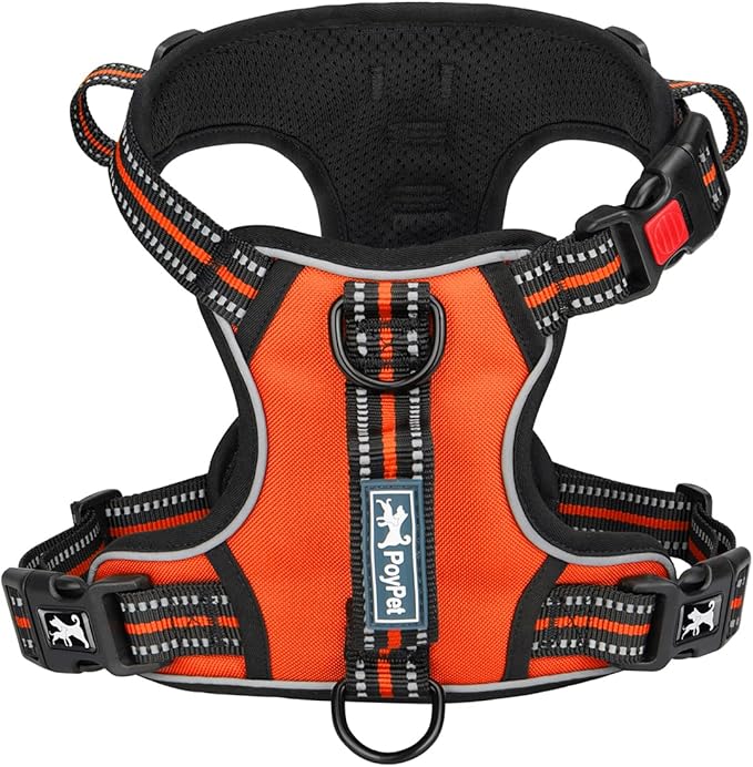 PoyPet No Pull Dog Harness, No Choke Front Clip Reflective Dog Vest with Soft Padded Vertical Handle, 3 Leash Attachments for Small Medium Large Dogs (Orange,L)