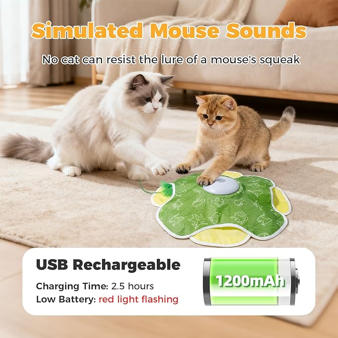 Rechargeable Interactive Cat Toy, Cat Toys for Bored Indoor Adult Cats, 2 in 1 Hide and Seek Cat Toy with Motion Activated, Moving Concealed Feathers, Bored Adult Cats Wand Toy