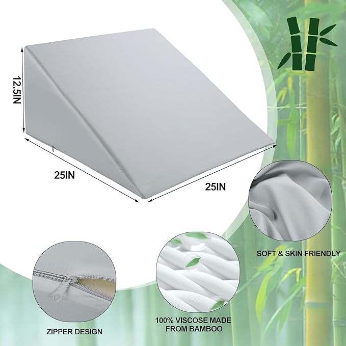 HOMBYS Bamboo Viscose Bed Wedge Pillow Cover with Zipper, 100% Viscose Made from Bamboo, Soft, Cooling, Breathable Wedge Pillowcase Sweat-Absorbent Pillowcase for Summer, 25"x25"x12.5", Light Grey