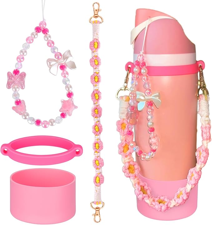Mity rain Water Bottle Accessories Set for Owala, Including Water Bottle Handle Strap, Charms,Bohemian Style Personality and Easy to Carry (Pink, 24oz)