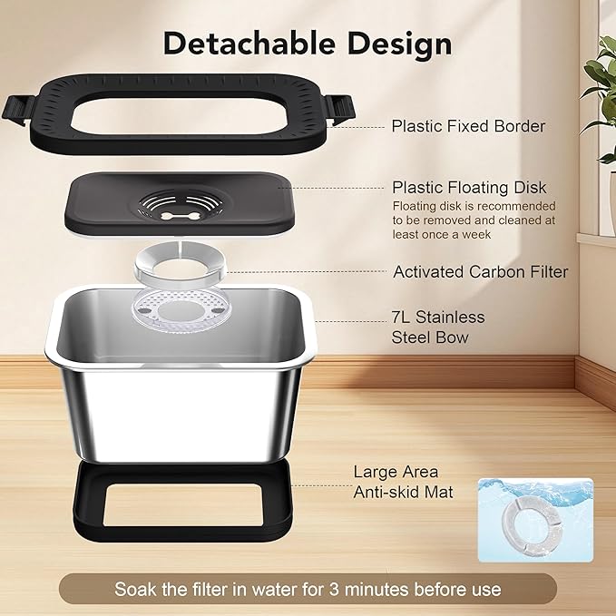 Decflow 7L Stainless Steel Dog Water Bowl, No Spill Anti-Splash Dog Bowls with Anti-Skid Mat, Spill-Proof Slow Feeder for Messy Drinkers, Heavy Duty Pet Bowls for Indoor/Outdoor Use Black