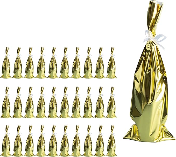 Mewutal 30 pcs Wine Packaging Bags Gold Wine Bottle Bags Shining Present Wrap Bags With White Ribbons for Wedding Holiday Party (18" x 6.5")