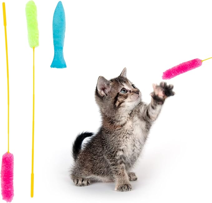 Interactive Catnip Cat Toy, A Blue Fish Catnip Toy (Filled with Natural Catnip) and Pink & Green Cat Teaser Wand Toys with Plush Tips for Indoor Cats and Kittens, 3Pcs Set