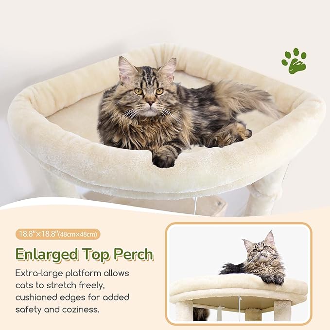 Globlazer Heavy Duty Cat Tree, 74in Sturdy Cat Tower for Large Cats Adult, Big Cat Tree with 5 Sisal Scratching Posts, 2 Padded Condos, 2 Dual-Ear Hanging Baskets, Enlarged Top Perch, S74, Beige