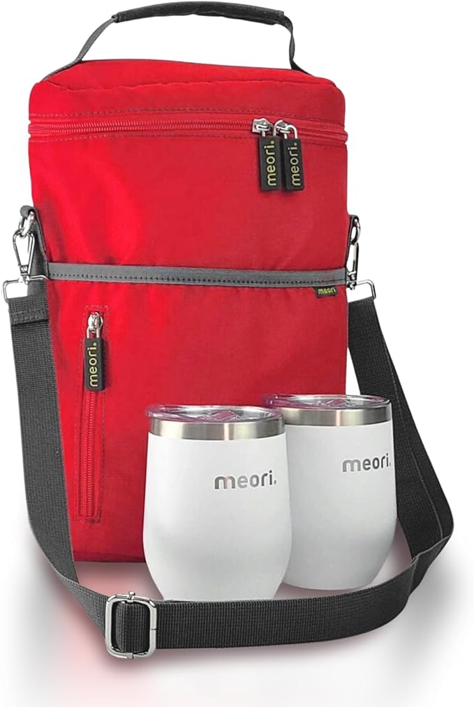 meori 2-Bottle Insulated Wine Tote + Tumbler Set with Lids Bundle Gifts for Wine Lover Women | Hibiscus Red