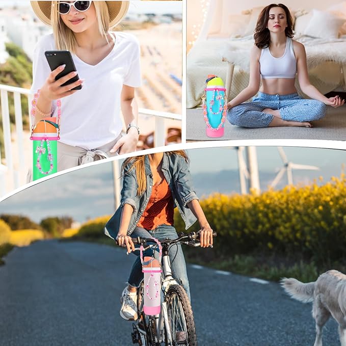 Mity rain Water Bottle Accessories Set for Owala, Including Water Bottle Handle Strap, Charms,Bohemian Style Personality and Easy to Carry (Pink, 24oz)