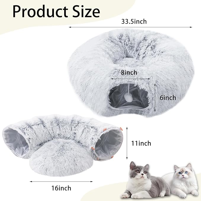 Cat Tunnel Bed for Indoor Cats, Under Christmas Tree Skirt, Donut Tunnel Toys for Multiple & Large Cats, Bed Cave Hideaway for Kitten, Rabbit, Puppy, Gray