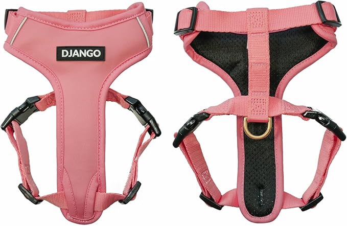 DJANGO Adventure Dog Harness - Stylish, and Durable Large Dog Harness for Outdoor Adventures and Everyday Wear - Quartz Pink Neoprene Adjustable Harness for Dogs with Reflective Piping, Brass D-Ring