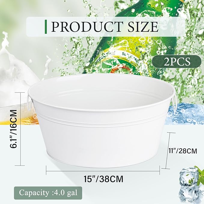 Ice Bucket, Oval Beverage Tub, Galvanized Bucket and drink Cooler for Parties, Ice Tub with Handles for Beer Sparkling Whisky Wine Cocktails (3.5gal) (White*2)
