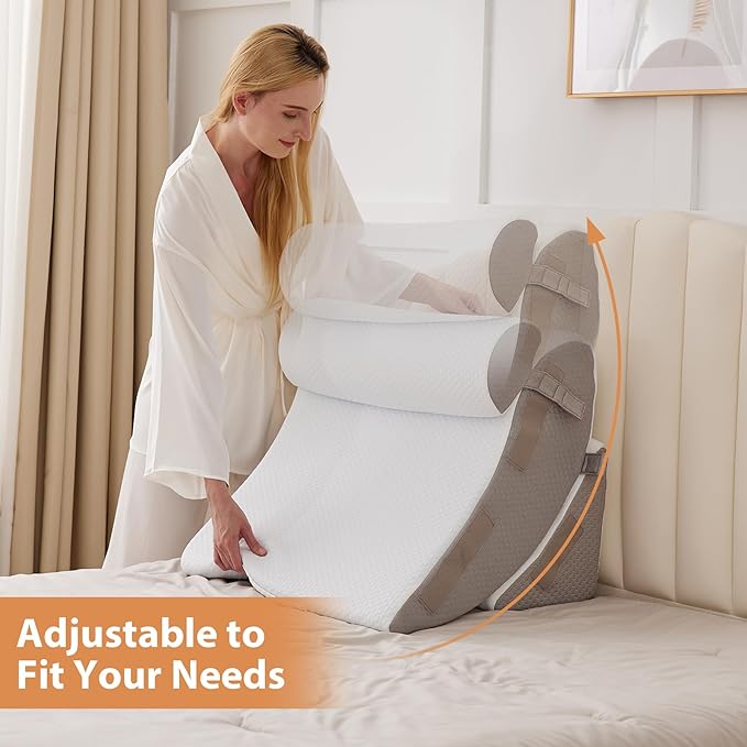 Orthopedic Bed Wedge Pillow Set 4PCS, Wedge Pillow Set for Back Pain Relief, Sitting up in Bed, Post Surgery, Acid Reflux, Snoring&GERD, Body Pillow for Sleeping,Leg,Neck,Shoulder Support, White/Grey