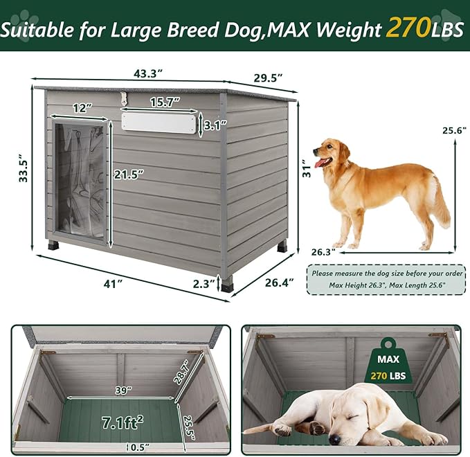 43.3" L Dog House Outdoor for Large Breeds Dogs Anti Chewing Iron Frames Dog Kennel Wooden Pet Houses for Indoor Outdoor with Weatherproof Roof,6 Elevated Feet, Reinforced Bottom Support