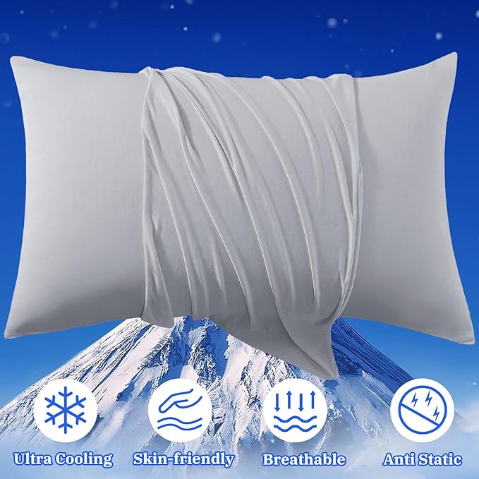 Cooling Pillow Cases for Hot Sleepers - Double Side Arc-Chill Q-Max>0.5 Cooling Fiber Cool Pillow Cases 2 Pack - Breathable Soft Cold Pillow Cases with Hidden Zipper (Light Grey, 20" x 30")