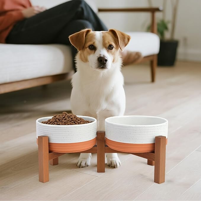 SPUNKYJUNKY Ceramic Elevated Dog Bowl Set with Acacia Wood Stand for Food and Water for Small Medium Sized Dog (28.74 OZ, White and Reddish Brown)
