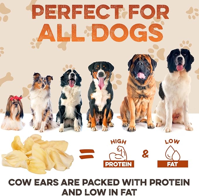 Cow Ears for Dogs – Halves 100 ct, Thick Cut, Grass-Fed Angus Beef, All-Natural No-Rawhide Dog Treat Alternative
