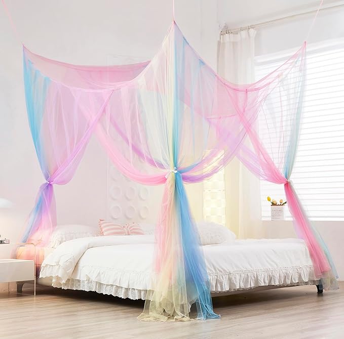 Mengersi Rainbow Bed Canopy with Lights,Bed Netting Canopy for Bed Square Canopy Bed Curtains Canopy - Suggested for Full to King Size Bed,Blue