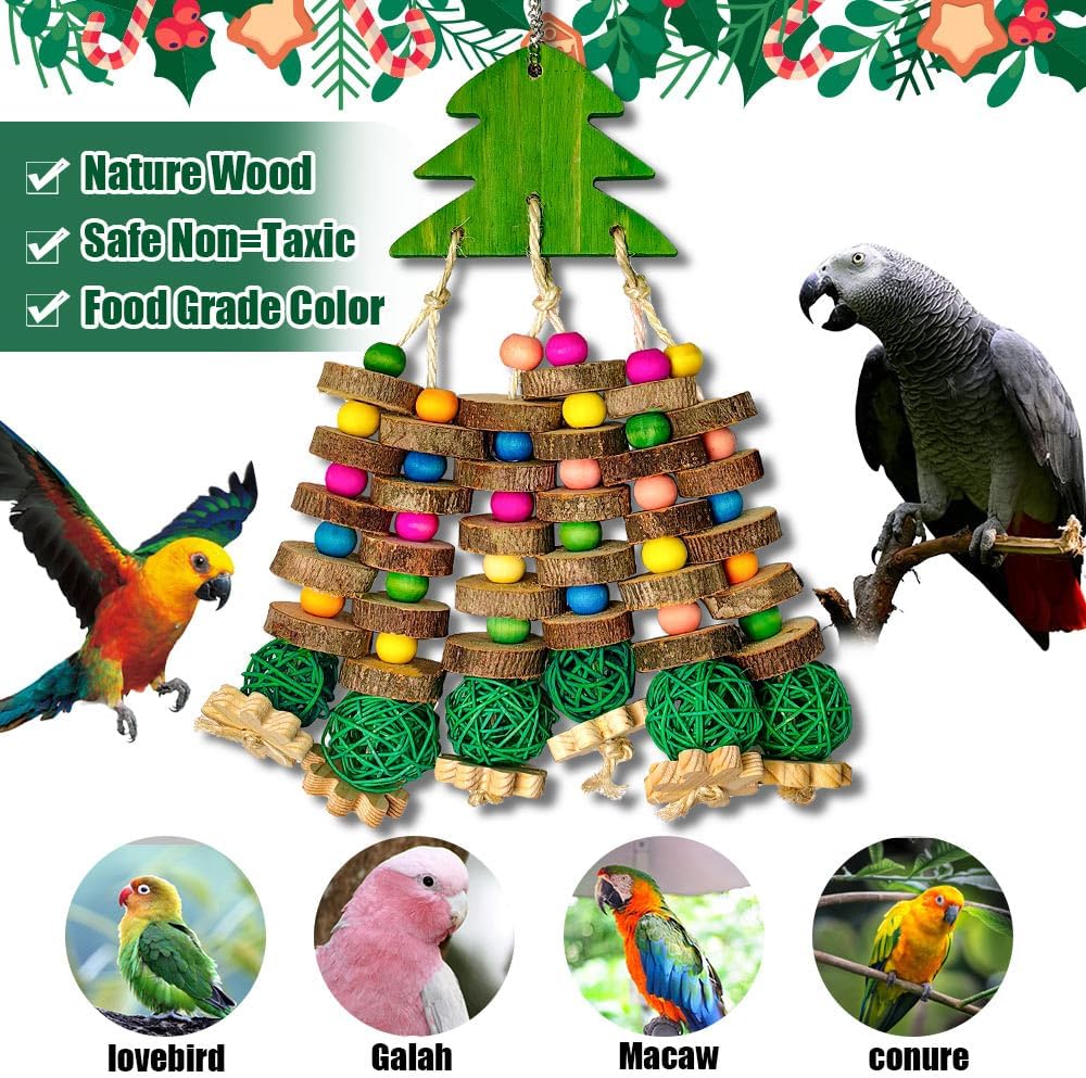 Parrot Toys, Large Bird Parrot Chewing Toys for Medium-Sized Macaws, Natural Wooden Blocks Christmas Tree Shape, African Grey Parrots, Amazon Parrots, Medium-Sized Bird cage Toys