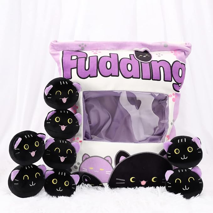 Plush Pillow Throw Pillow, Removable Black Cat Stuffed Animals Plush Toys, Bag of Cat Plushies, Stuffed Cat Plush Pillow Gift for Kids Sofa Chair Decorative Pillow, 8 Cute Black Cat (Purple)