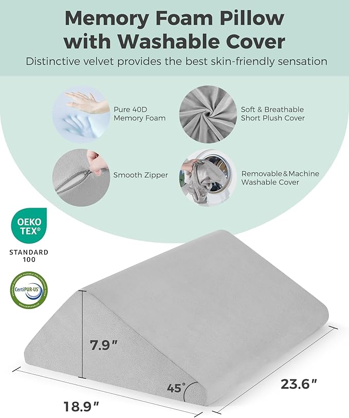 Knee Wedge Pillow with Pure Memory Foam, 8" Bed Wedge Pillow for Sleeping, Triangle Pillow for Back Support Elevated Pillow for Sciatica Knee Hip Ankles Back Pain Relief