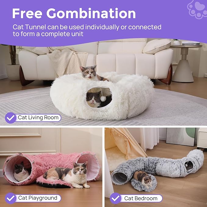 Plush Cat Tunnel Bed for Indoor Cats with Soft Cushion, Multi-Shape Play Cave with Hanging Balls, Large and Foldable Cat Donut Tunnel for Small and Large Pets (Grey)