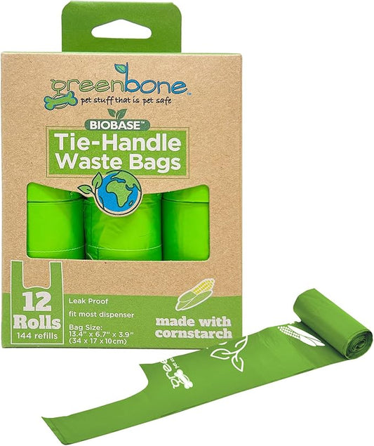 BioBase Cat or Dog Poop Bags Rolls with Handle Tie, Large Leak Proof- 12 Rolls -144 refills