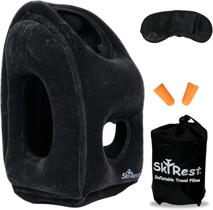 Inflatable Travel Pillow - Airplane Pillow for Neck Support on Long Flights, Buses, Cars, Office & Trains - Comes with Eye Mask, Earplugs & Portable Drawstring Bag - Black